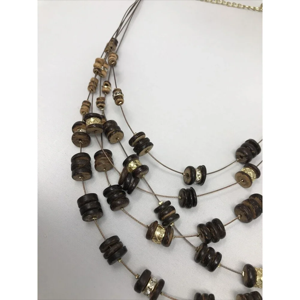 CHICO'S Necklace Brown Gold Tone  Multi Strand Floating Beads Earth Natural Tone